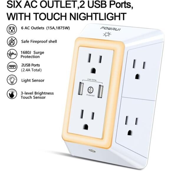 USB Wall Charger, Surge Protector, POWRUI 6-Outlet Extender with 2 USB Charging - Picture 2 of 7